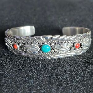 Turquoise & Coral Sterling Bracelet